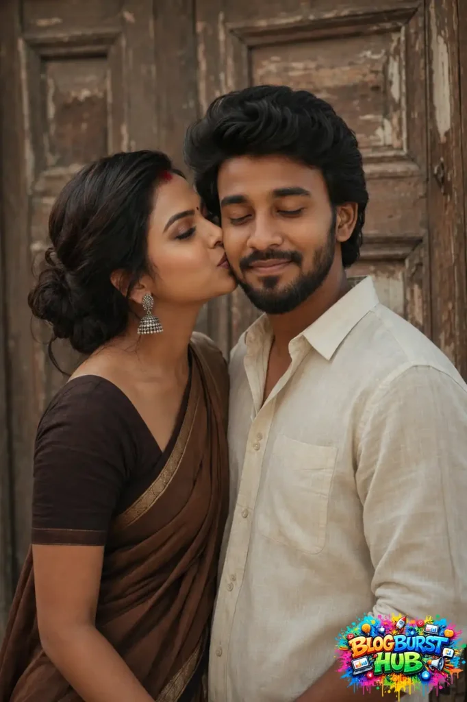 Romantic Indian woman kissing her partner on the cheek with realistic cinematic AI photography.