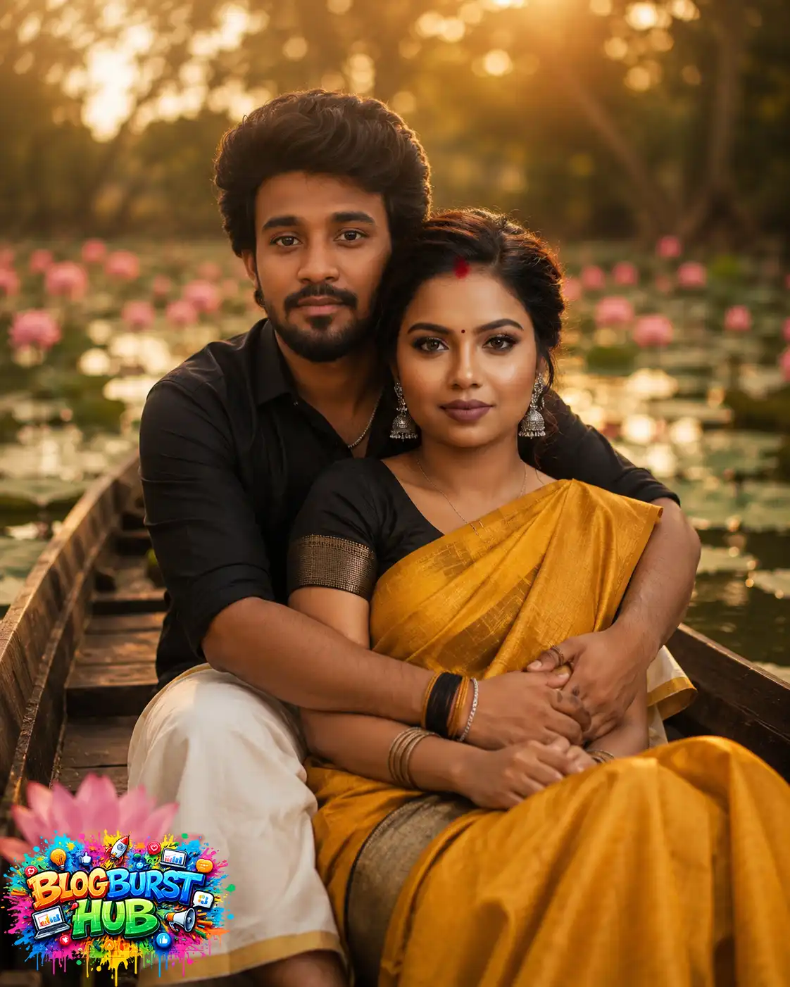 Romantic South Indian couple sitting together in a wooden boat surrounded by blooming lotus flowers during golden hour, wearing traditional attire in a realistic AI-generated portrait.