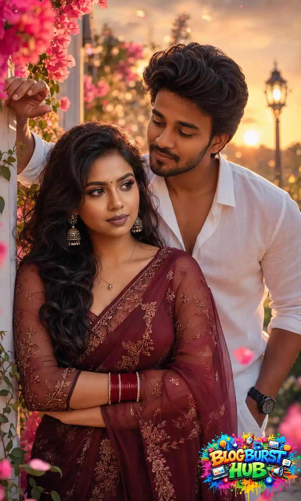 South Indian couple standing beside blooming pink flowers during golden hour in a romantic garden.