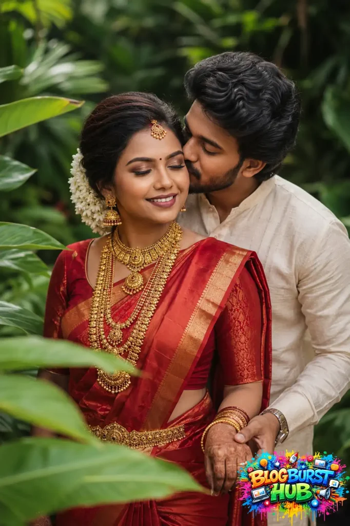 South Indian groom kissing the bride on the forehead in a traditional red silk saree surrounded by lush greenery.