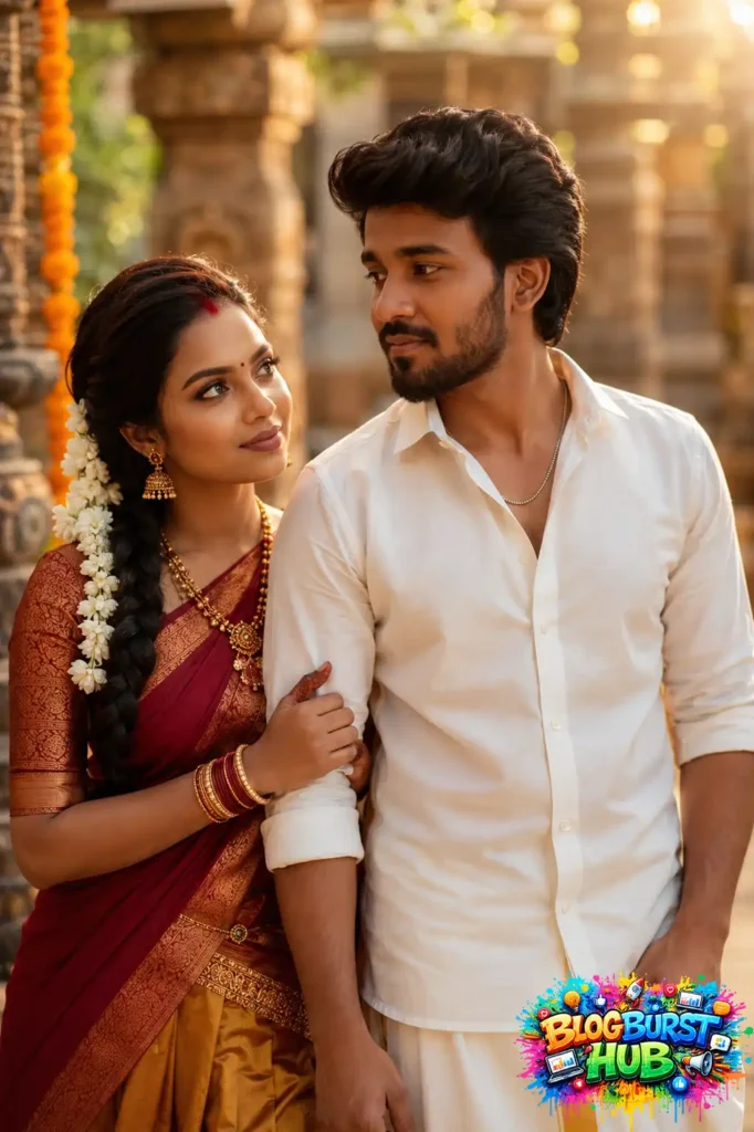 Traditional South Indian couple smiling at each other inside an ancient temple wearing silk saree and white veshti.