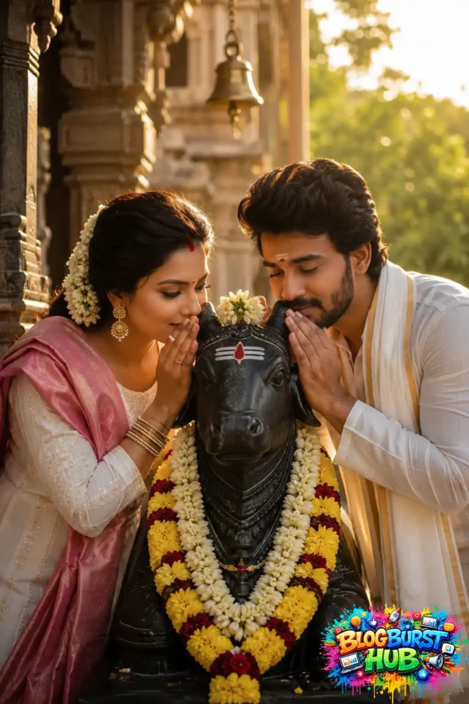 Traditional South Indian couple offering prayers together inside an ancient temple with brass lamps and golden lighting.