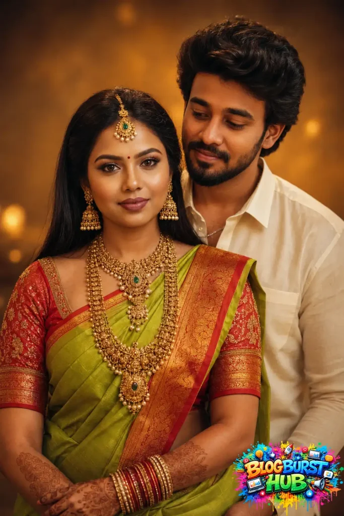 Romantic South Indian wedding couple wearing traditional silk saree and white kurta with temple jewelry in a realistic AI-generated portrait.
