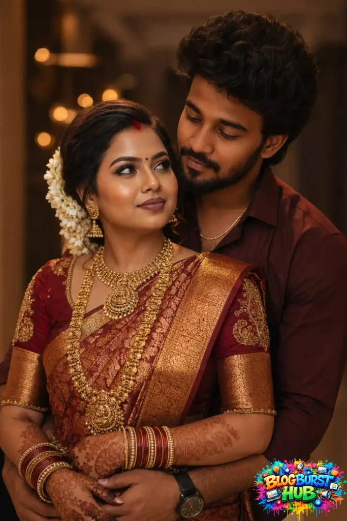 Tamil groom hugging the bride from behind during a romantic wedding photoshoot.
