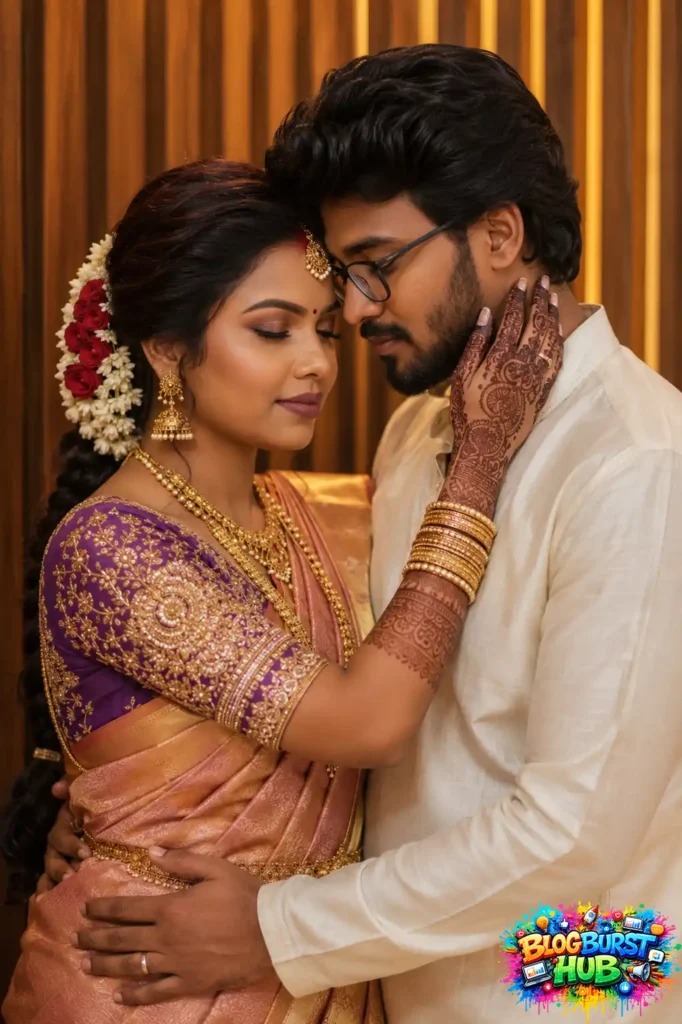 Tamil bride gently holding the groom while sharing an intimate romantic wedding portrait.