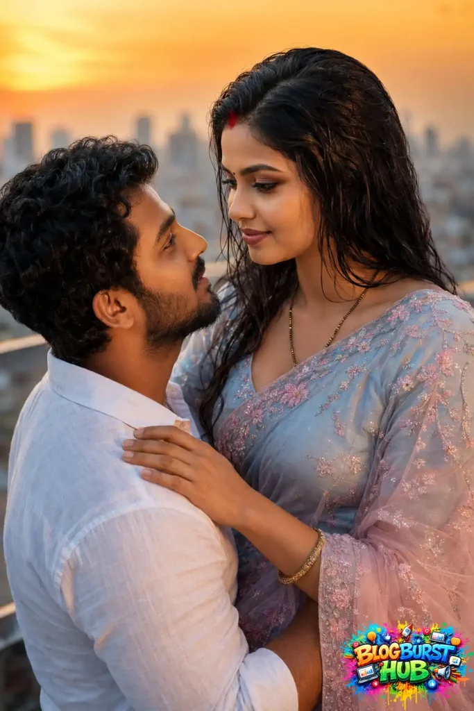 Romantic Indian couple standing together on a rooftop at sunset with cinematic golden lighting and realistic AI portrait.