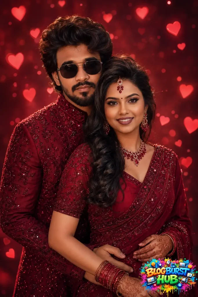 Royal AI-generated couple wearing luxurious red traditional outfits with romantic heart background.