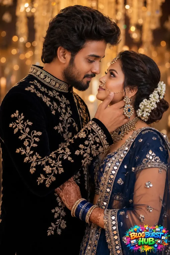Royal South Indian couple in luxurious wedding attire sharing a romantic close-up portrait.