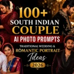 South Indian couple AI photo prompts featuring traditional wedding outfits, romantic poses, cinematic lighting, realistic bridal portraits, and modern AI-generated photography inspiration.