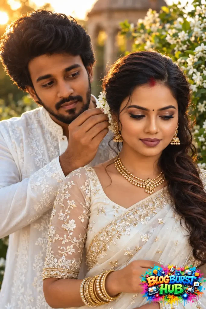 South Indian groom placing jasmine flowers in the bride's hair during a romantic outdoor portrait.