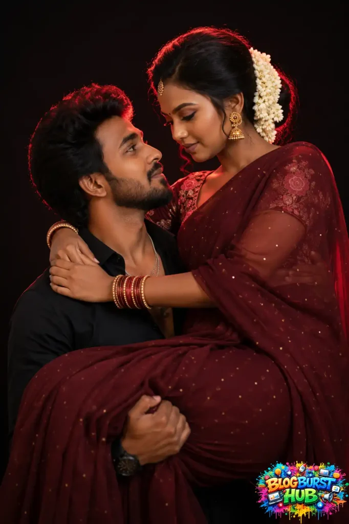 Romantic South Indian couple portrait featuring a man carrying a woman in a maroon saree with jasmine flowers and cinematic studio lighting.