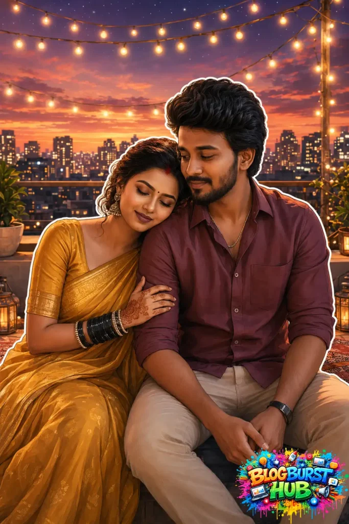 South Indian couple enjoying a romantic rooftop evening under fairy lights with a beautiful sunset city skyline.