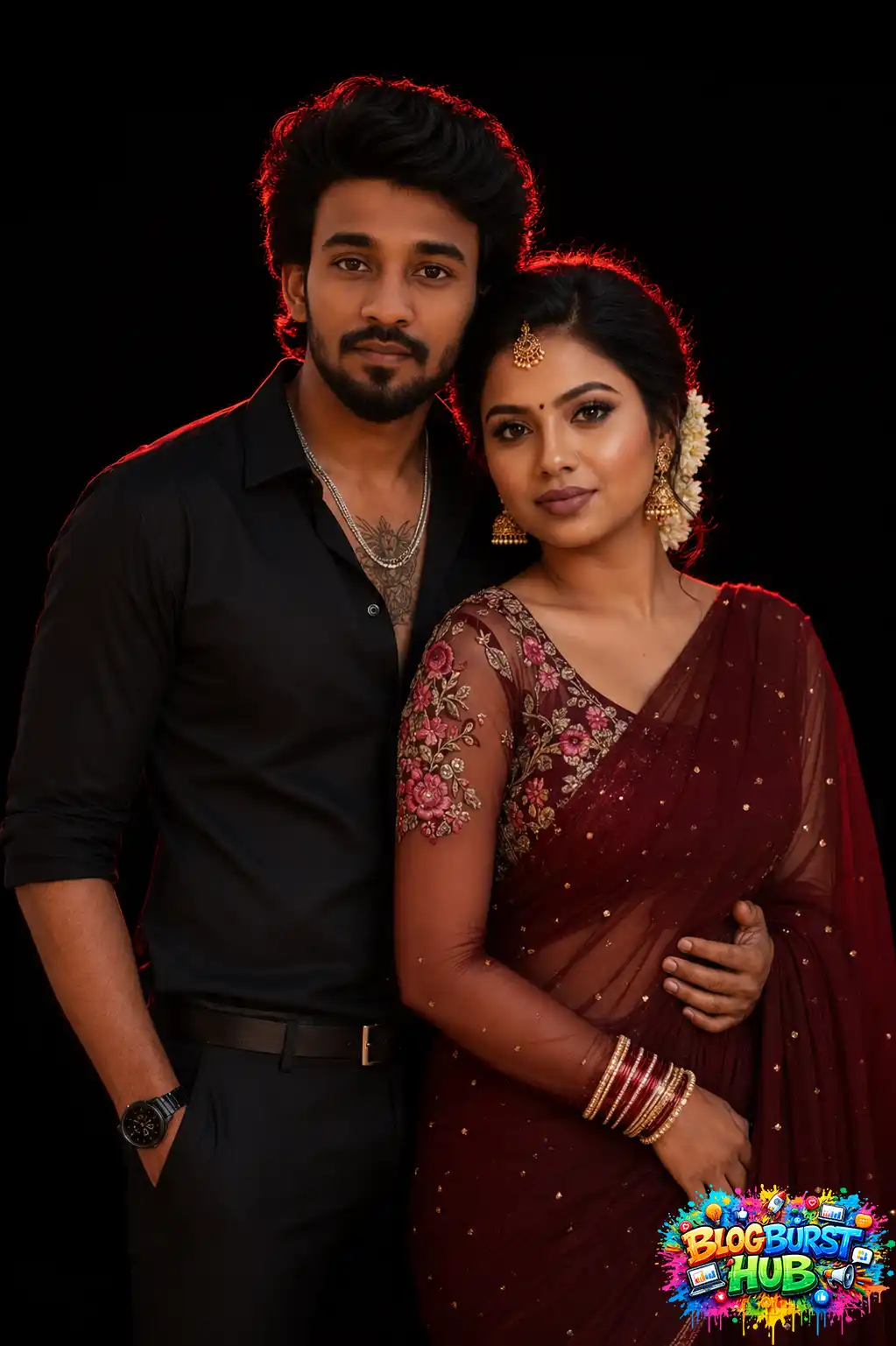 South Indian couple standing together in traditional maroon saree and black shirt with elegant studio lighting.