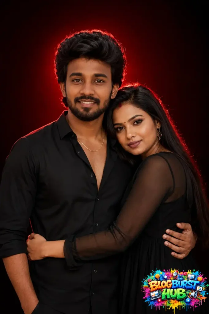 Elegant South Indian couple wearing coordinated black outfits in a dramatic studio portrait.