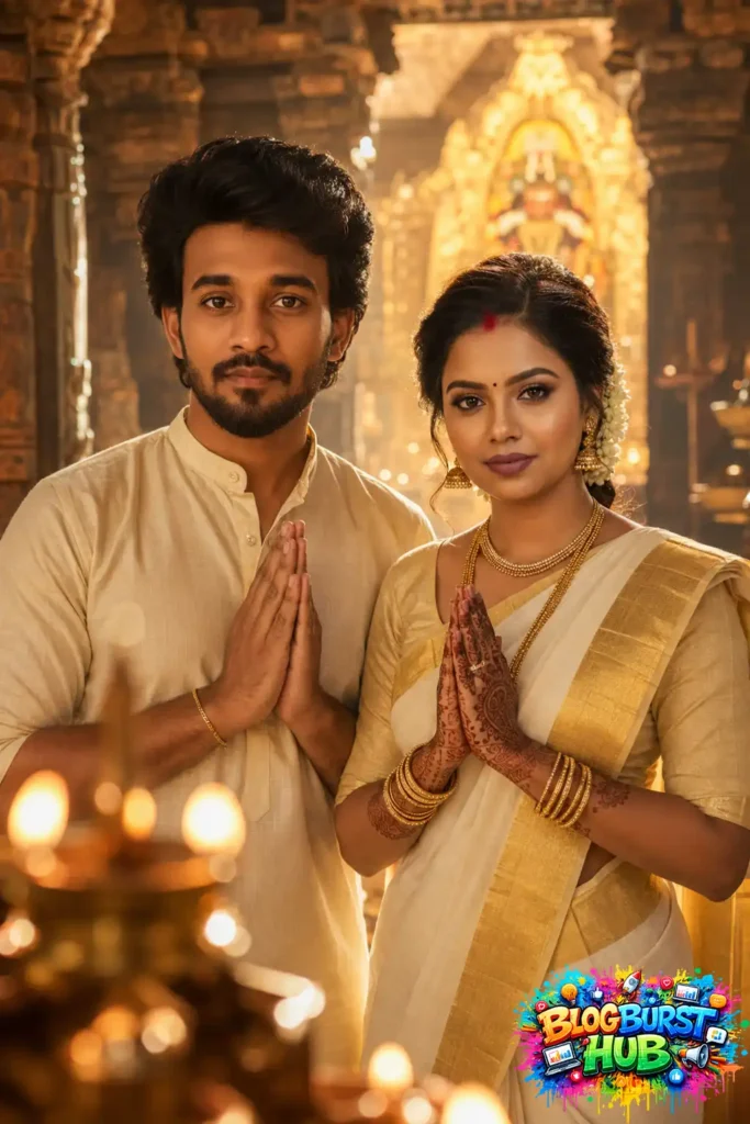 South Indian couple smiling inside an ancient temple corridor with cinematic lighting and traditional clothing.