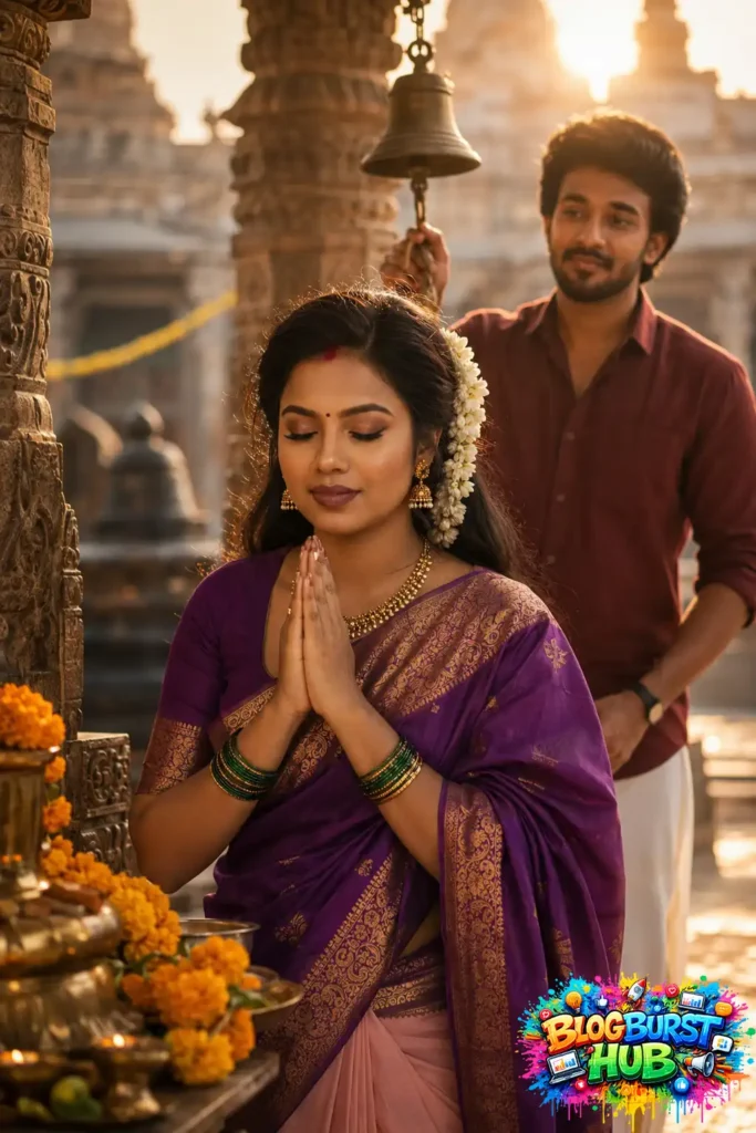 Traditional South Indian woman praying inside a temple while her husband stands behind near the temple bell.