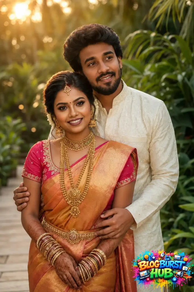 Traditional South Indian couple posing in a lush tropical garden wearing silk saree and embroidered kurta.