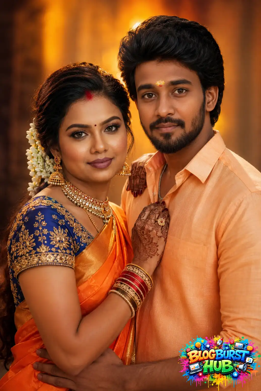 South Indian couple posing inside an ancient temple wearing traditional silk saree, gold jewelry, and white veshti with cinematic golden-hour lighting.