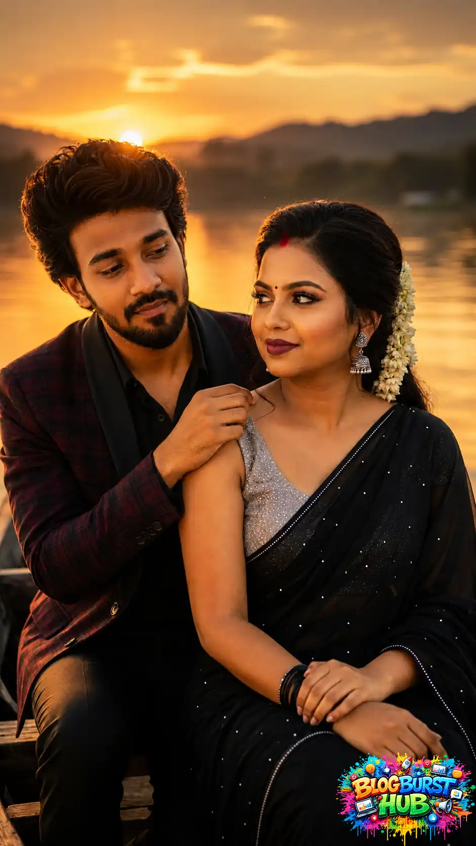 Indian couple enjoying a romantic sunset by the lake, ideal for Gemini AI date prompts.