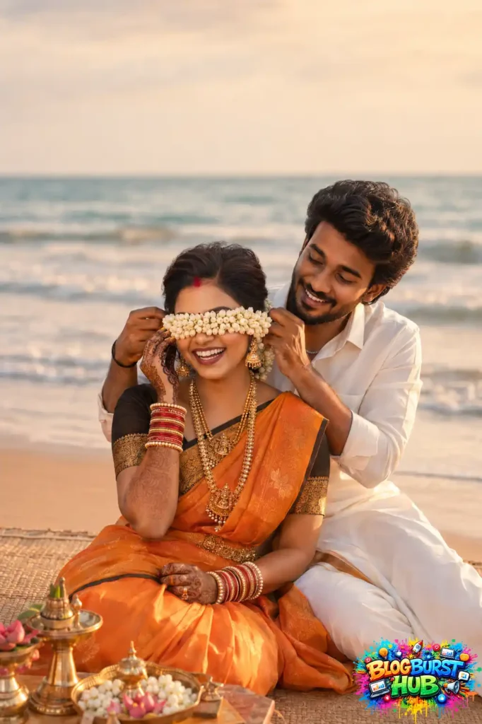 Tamil groom playfully covering the bride's eyes with jasmine flowers during a beach photoshoot.