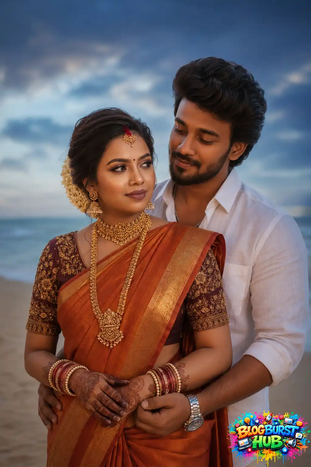 Romantic Tamil bride and groom embracing on a beach during sunset in traditional attire.