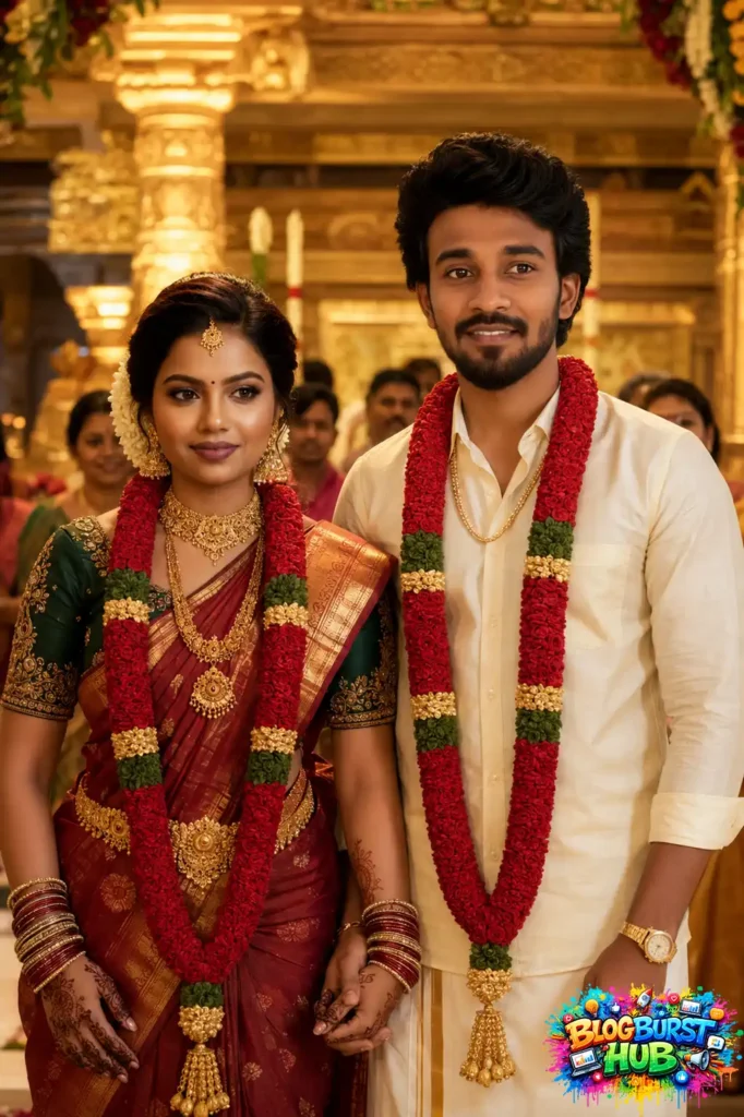 Newly married Tamil bride and groom posing together inside a beautifully decorated South Indian wedding hall.