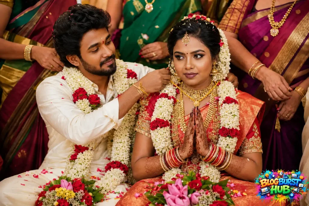 Traditional Tamil groom tying the sacred thaali around the bride's neck during the Mangalya Dharanam wedding ceremony.
