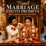 Tamil Marriage Photo Prompts featuring traditional bride and groom poses, candid wedding moments, romantic couple portraits, and creative South Indian wedding photography ideas.