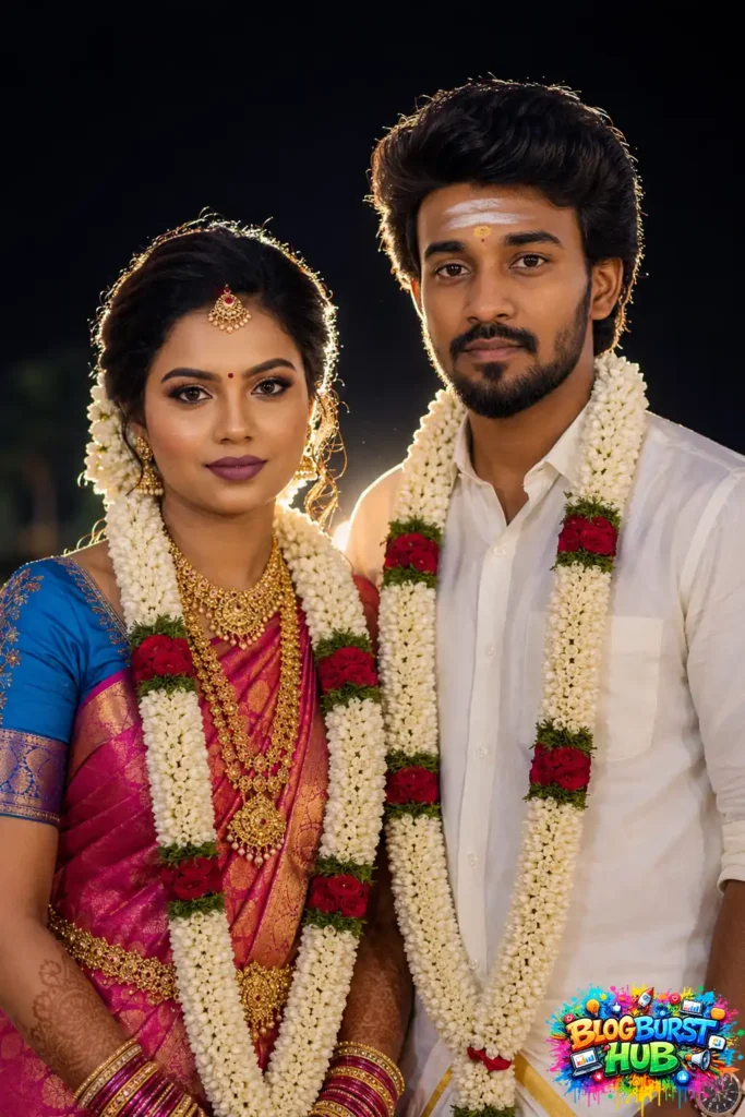 Tamil bride and groom wearing flower garlands during their wedding reception portrait.