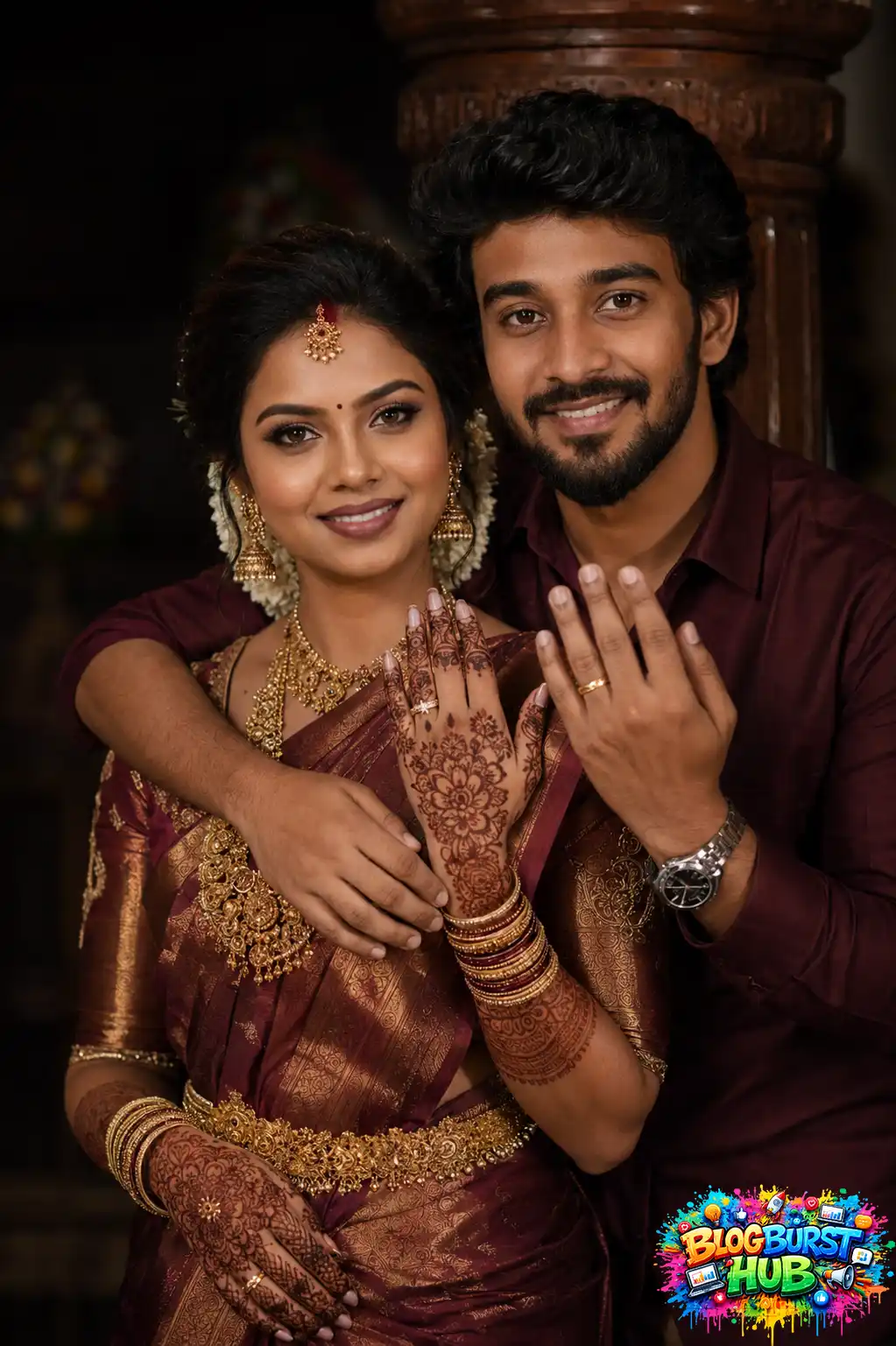 Tamil bride and groom proudly showing their wedding rings during a romantic portrait.