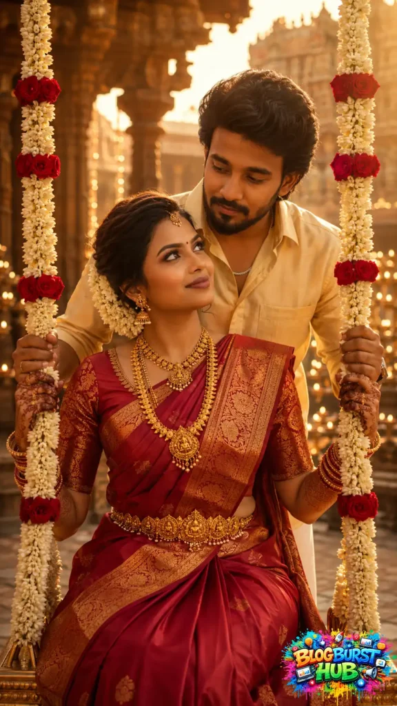 Tamil bride sitting on a traditional flower swing while the groom stands behind her inside a temple.
