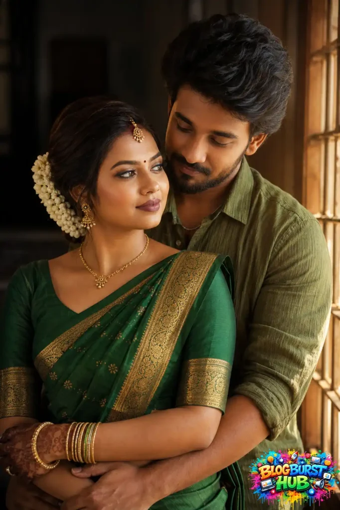 Indian couple in traditional attire standing near a window in a romantic embrace, perfect for Gemini AI relationship prompts.