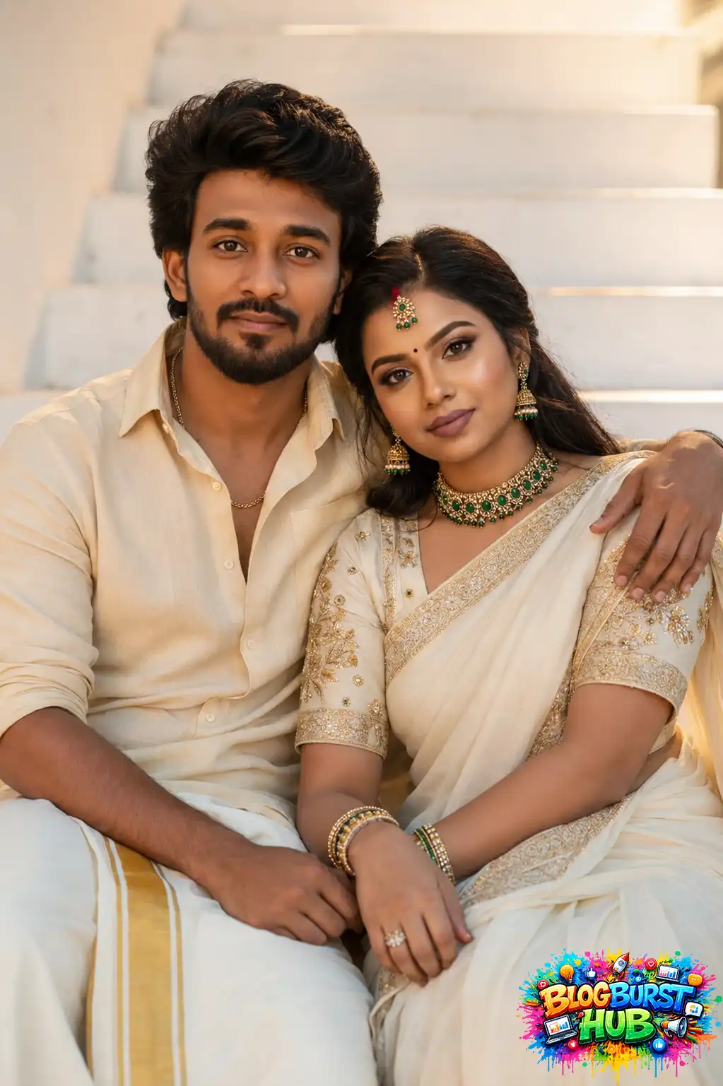Traditional Indian couple wearing elegant ethnic outfits while posing together for a romantic portrait.