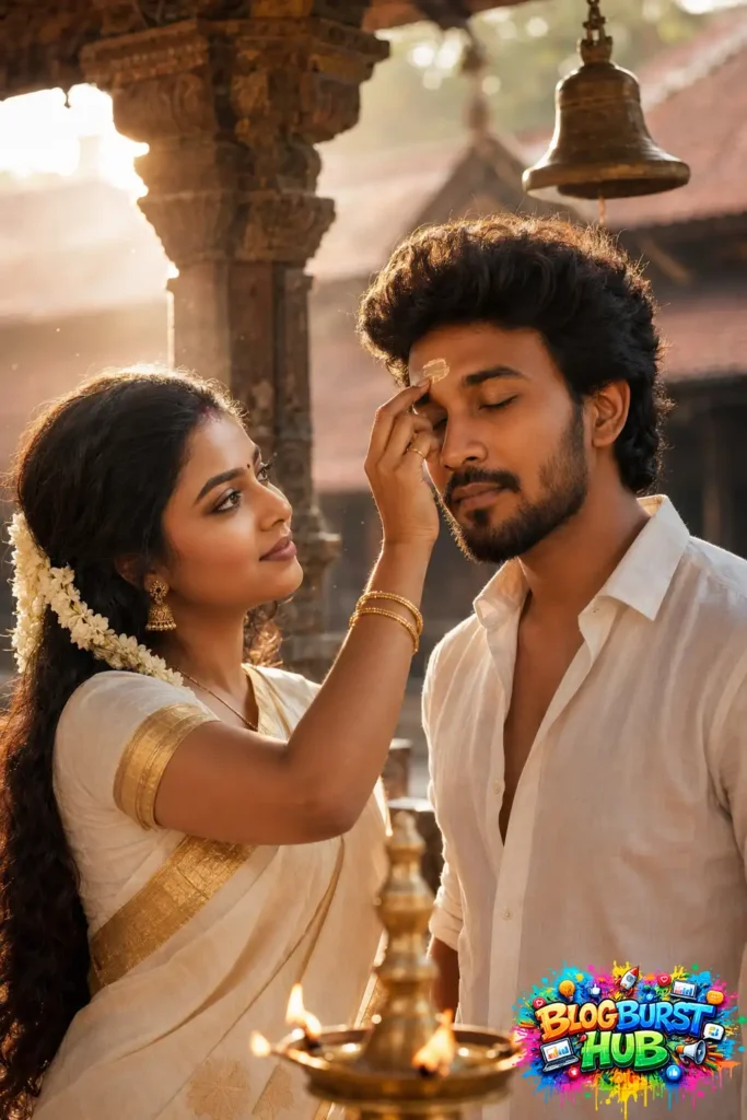 Traditional South Indian couple inside an ancient temple with the woman applying sacred tilak to the man during a cinematic golden hour photoshoot.