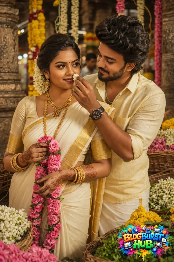 Traditional South Indian couple walking through an ancient temple corridor wearing a Kerala saree and white veshti during golden hour.