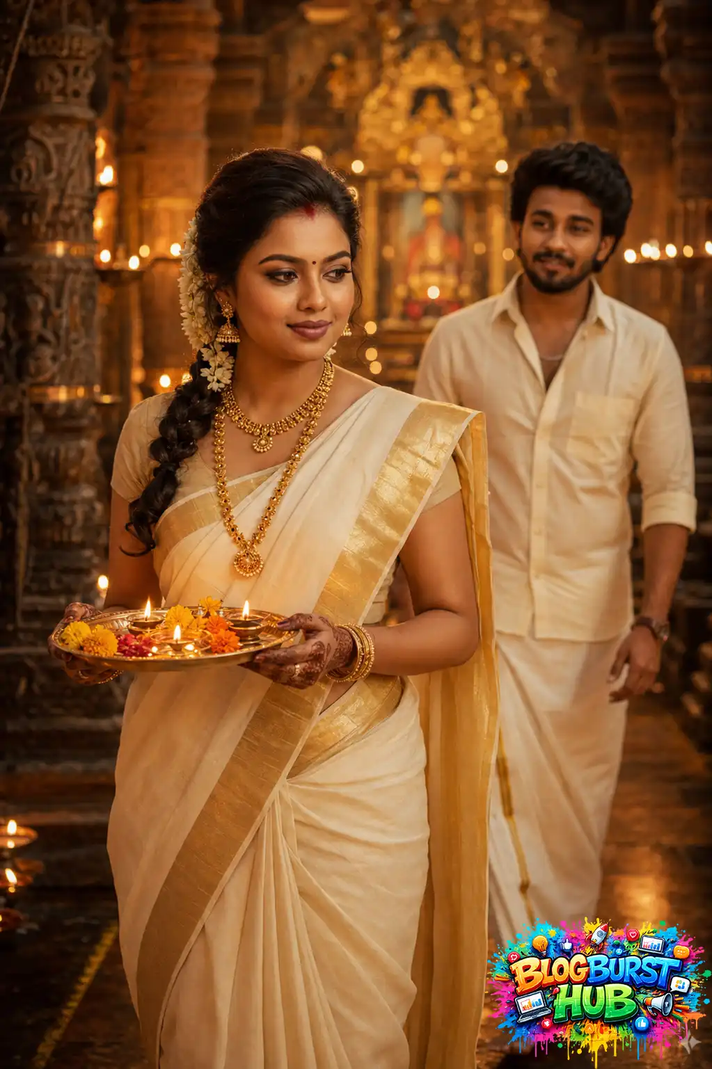 South Indian woman holding a traditional diya plate while her husband walks inside an ancient temple.