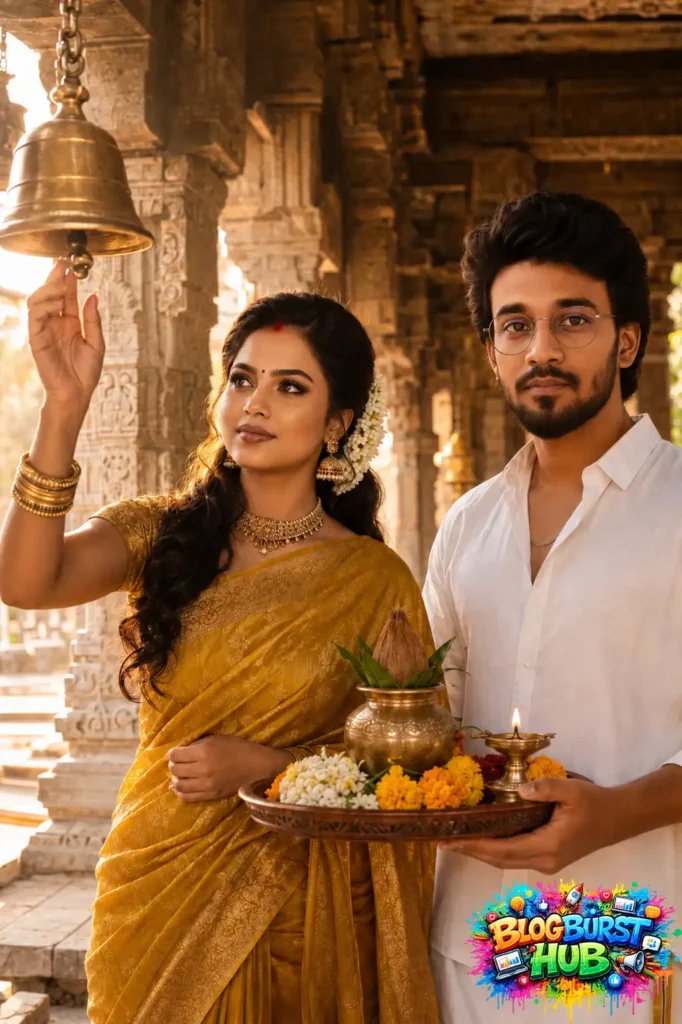 South Indian couple standing beside a temple bell holding traditional pooja items during golden hour.