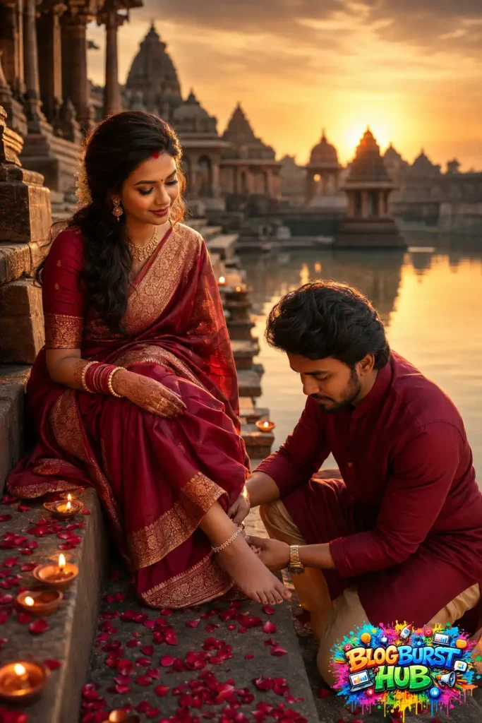 Traditional South Indian couple standing near an ancient temple entrance in elegant saree and veshti during sunset.