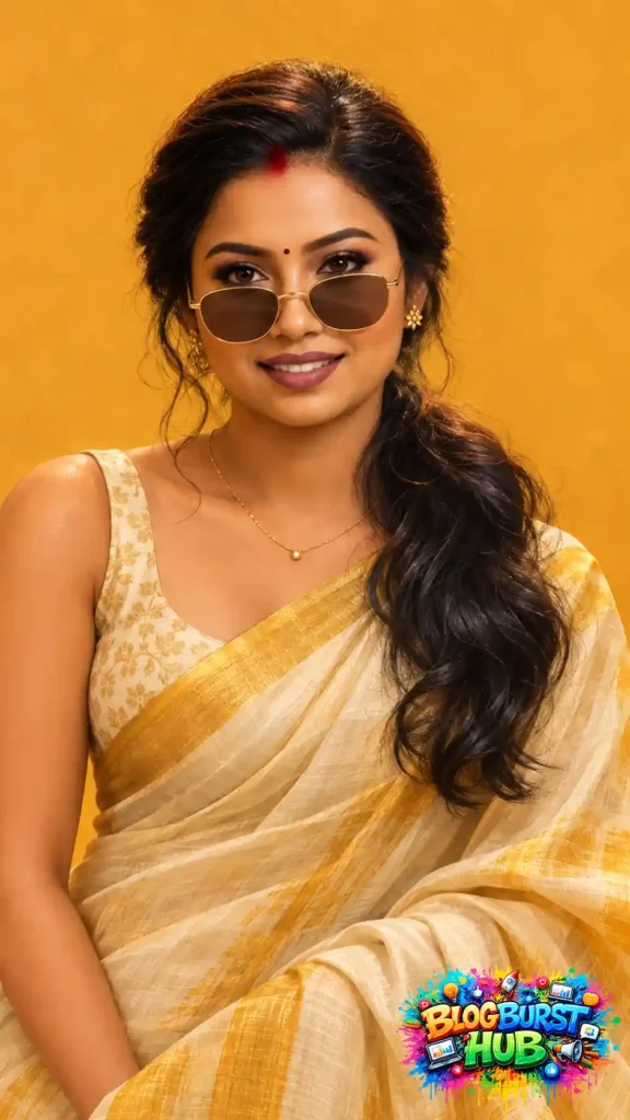 Yellow saree digital illustration of a smiling woman wearing sunglasses and gold jewelry