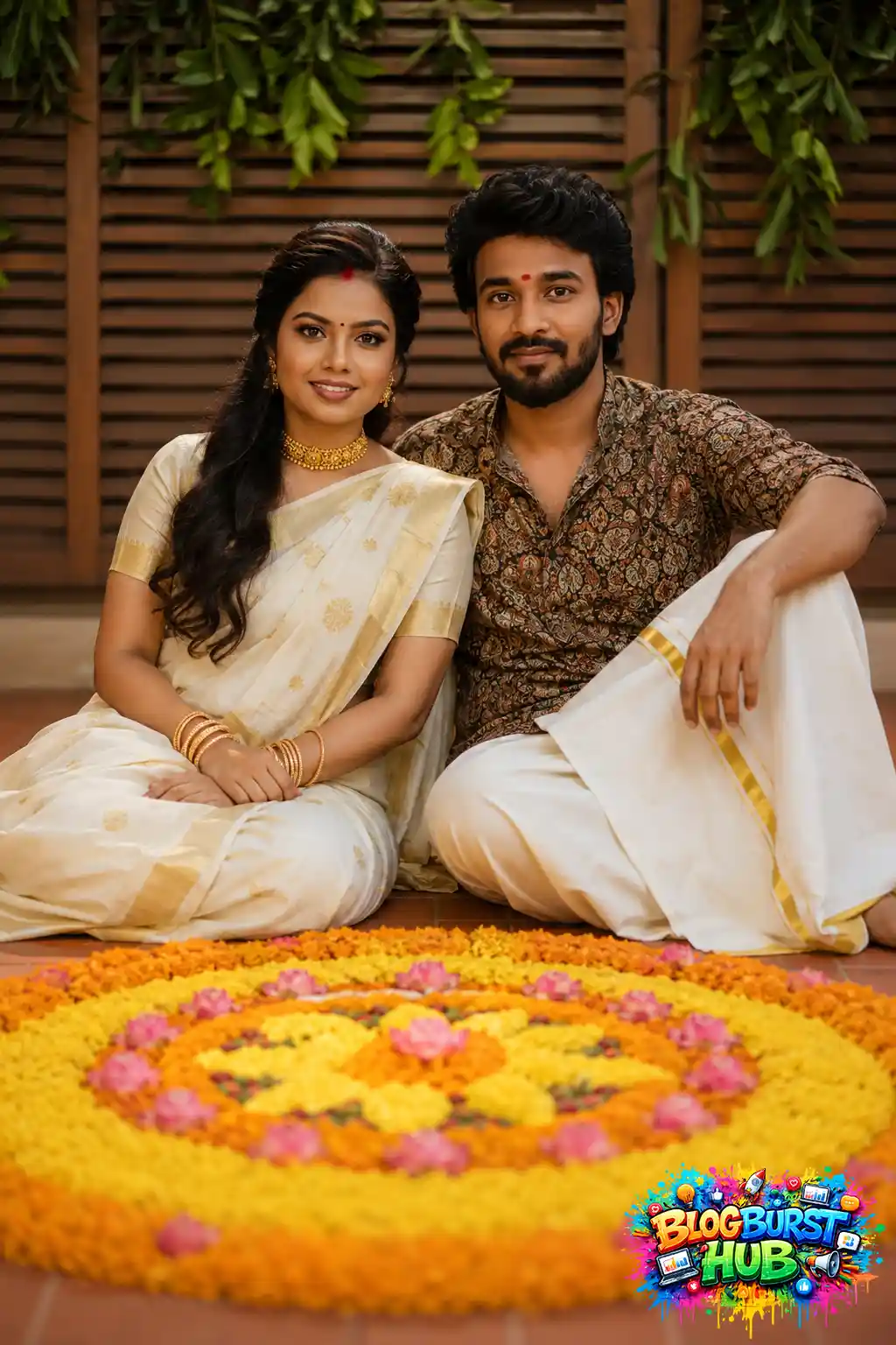 Kerala couple in traditional Onam outfits posing beside a large floral pookalam