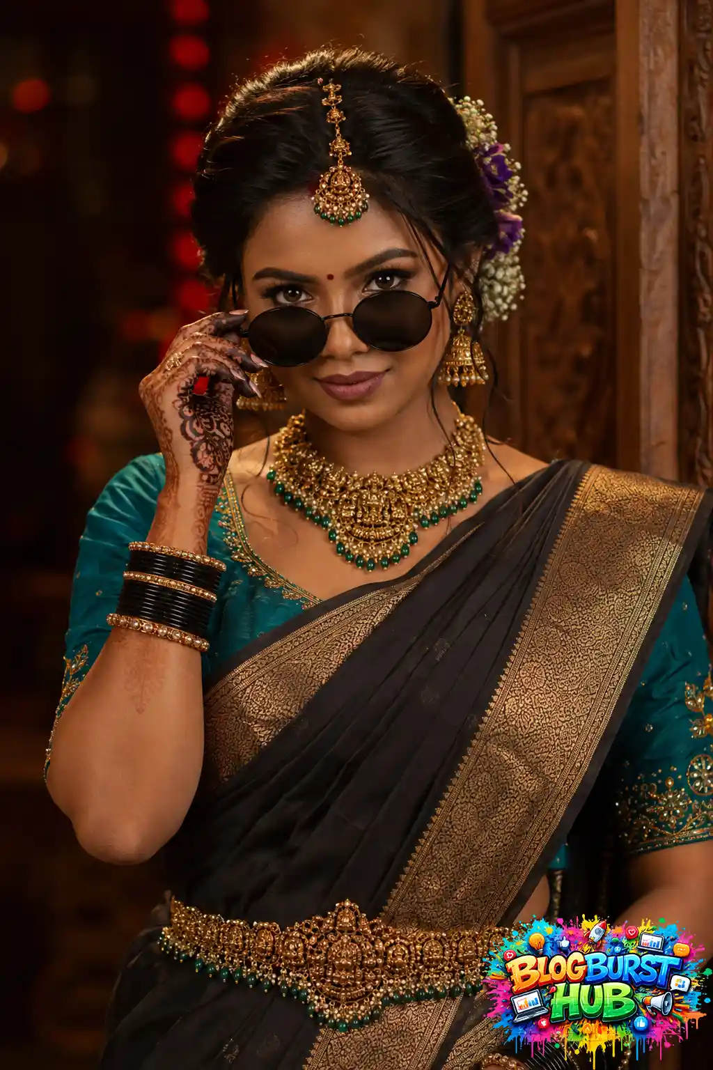 Black and gold saree with sunglasses