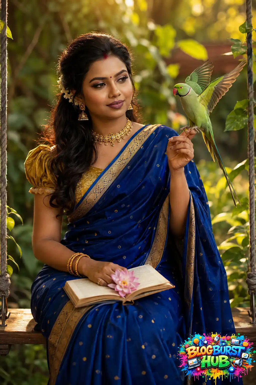 Indian woman in blue saree sitting on a swing with a green parrot