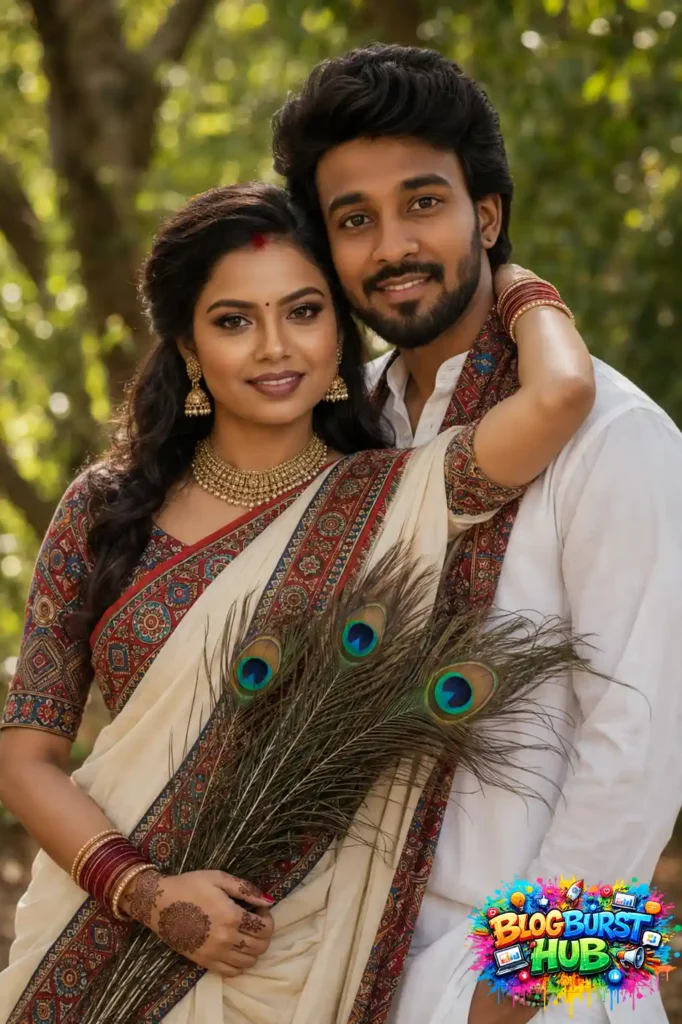 Indian couple posing together outdoors with peacock feathers and traditional outfits