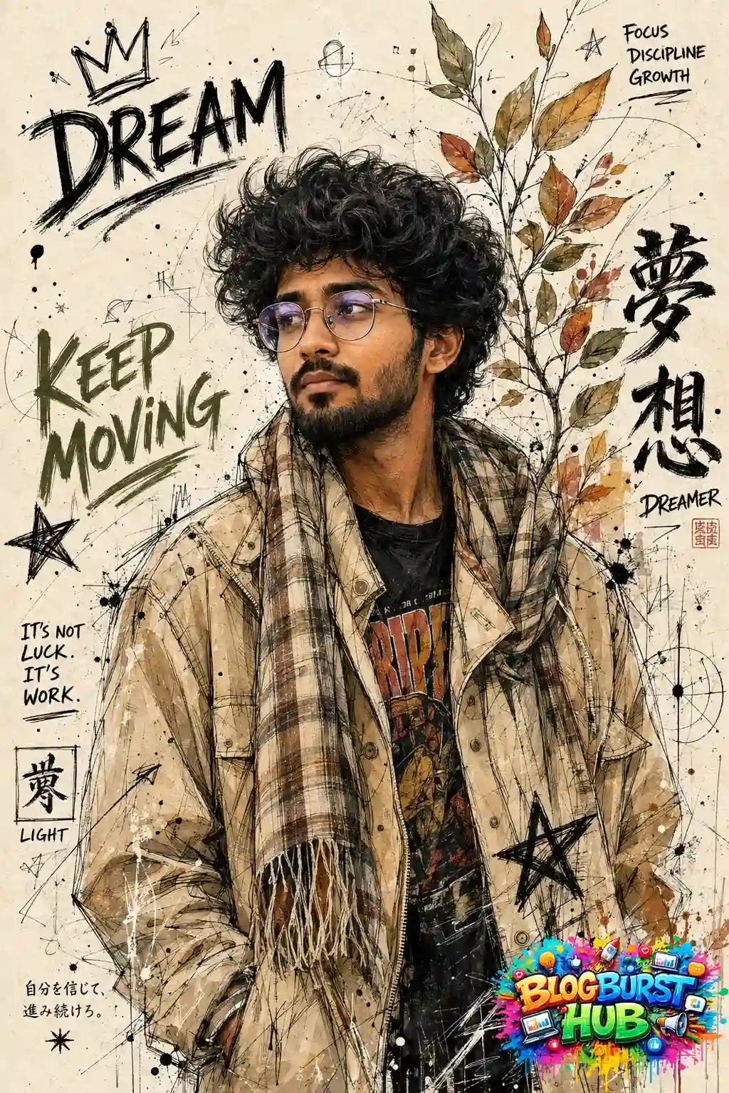 Artistic cinematic AI portrait of a curly-haired man wearing glasses and a layered jacket
