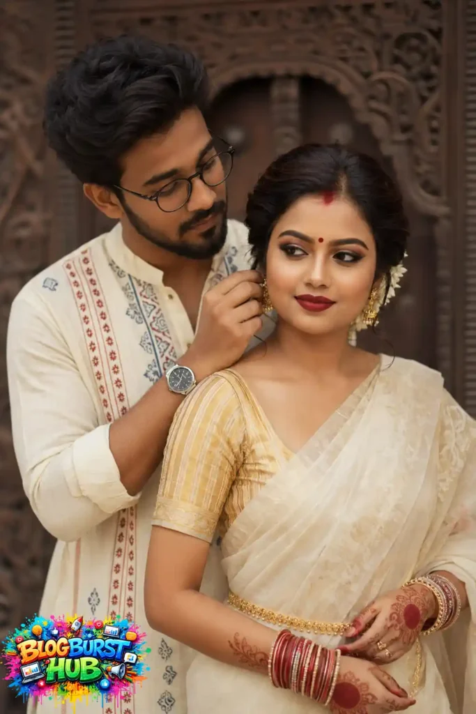 Man gently adjusting woman's earring while posing together in traditional Indian wedding attire