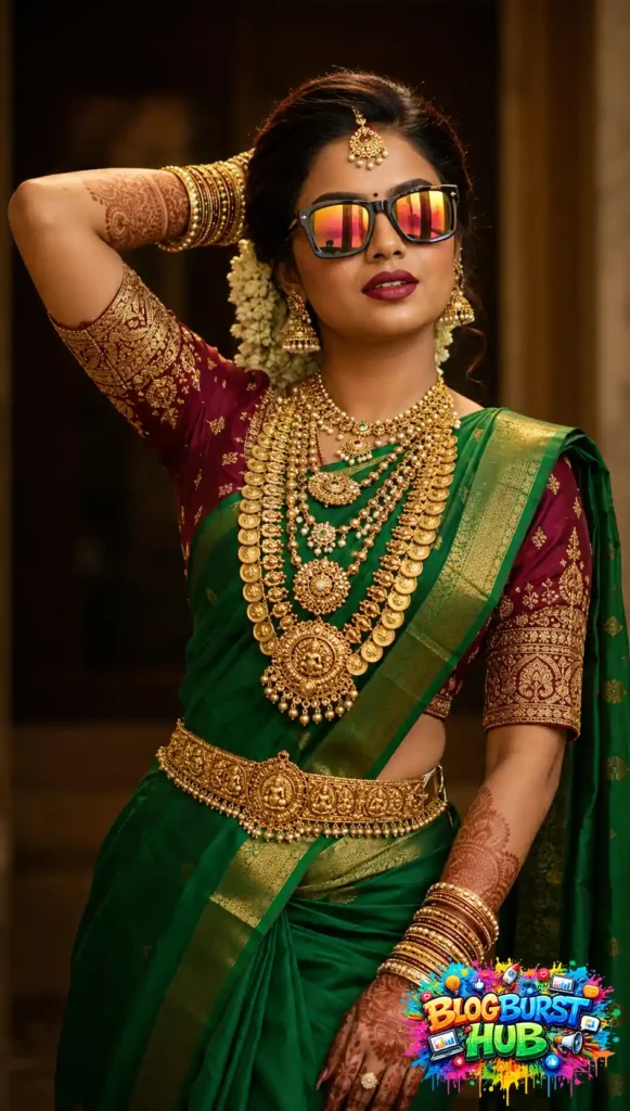 Emerald green saree with sunglasses