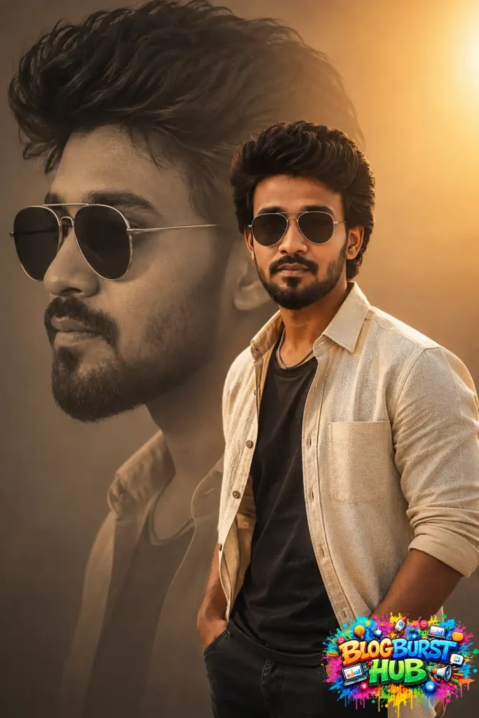 Golden hour cinematic AI fashion portrait of a man wearing a cream overshirt and sunglasses