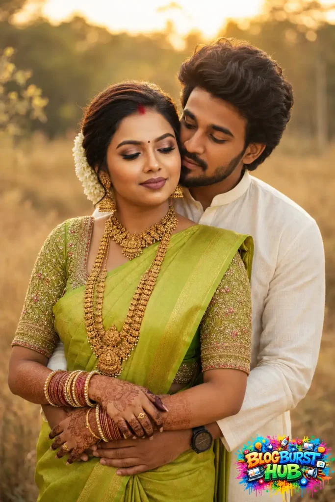 Romantic Indian couple embracing during golden hour in traditional attire with cinematic lighting.