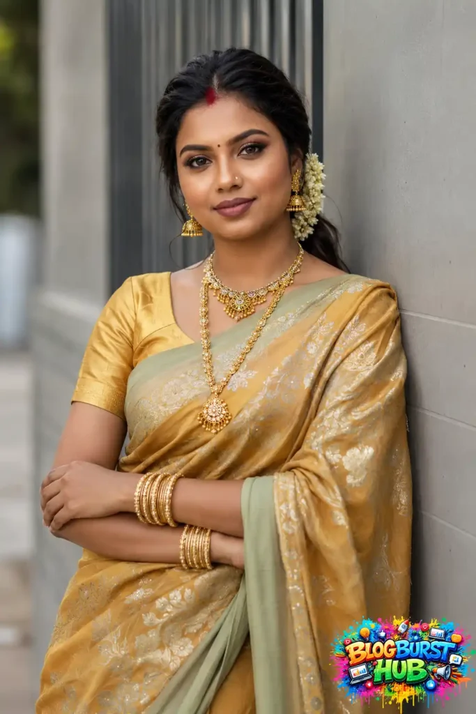 Indian woman wearing a golden saree with sage green border and gold jewelry