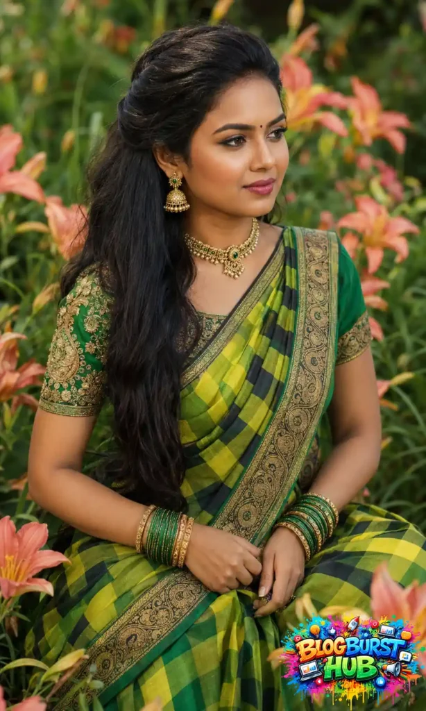 garden Green Checked Saree AI Look for Wedding Guest Style